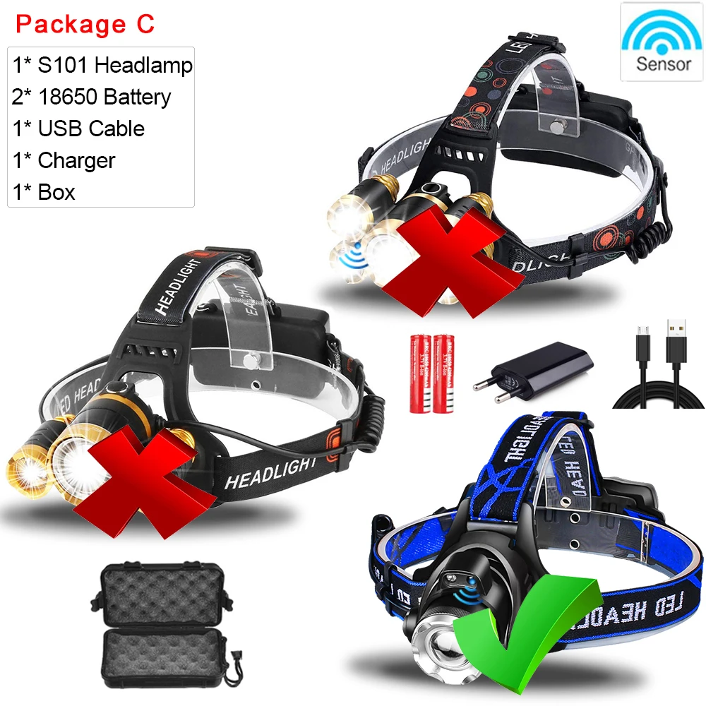 Package C Мощный датчик движения головной светильник 3/5 светодиодный T6 налобный фонарь Водонепроницаемый головной светильник для кемпинга Головной фонарь 18650 аккумулятор - Испускаемый цвет: Package C