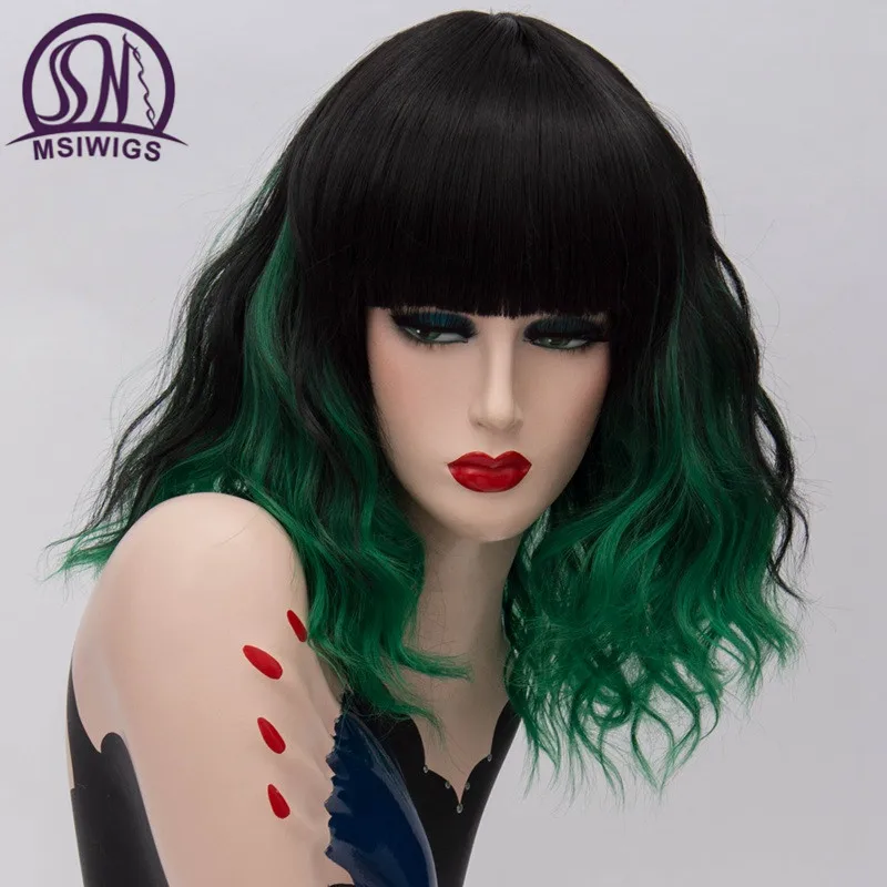MSI Wigs, короткие синтетические парики для косплея, розовая сетка, блонд, волнистый парик с челкой, натуральный фиолетовый, розовый, Омбре, парики для женщин, 22 цвета