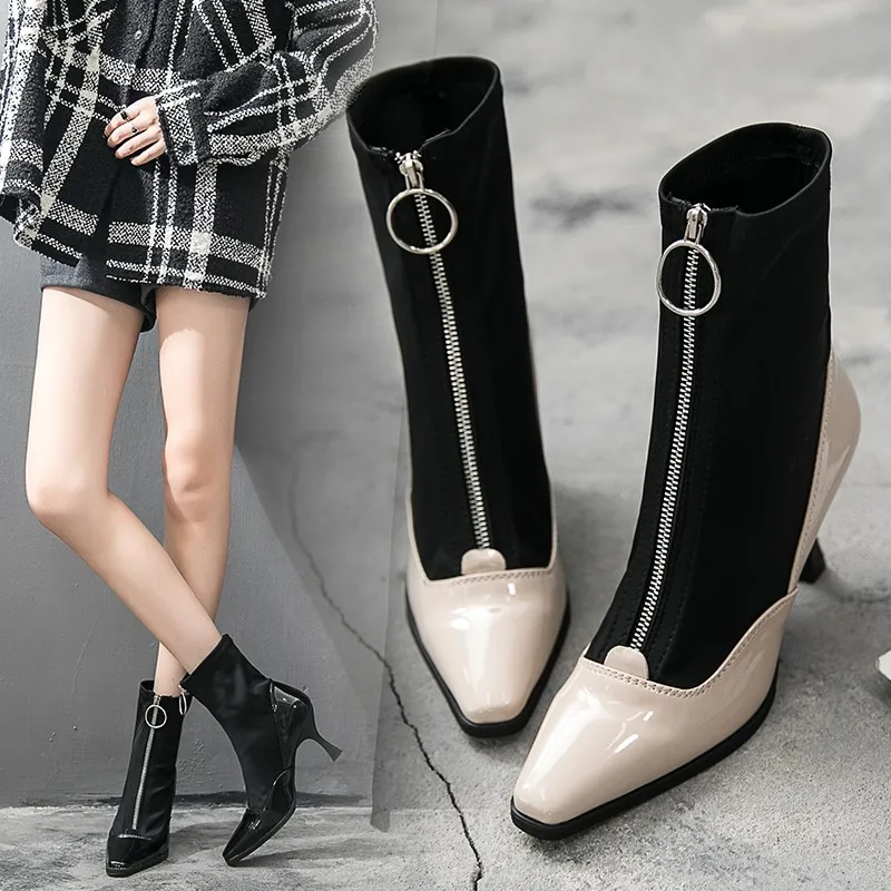 На высоком тонком каблуке до середины икры Носки bottes Лакированная обувь из