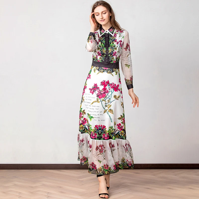 Women's Runway Dresses Turn Down Collar Long Sleeves Printed Beaded Floral Elegant Casual Designer | Женская одежда
