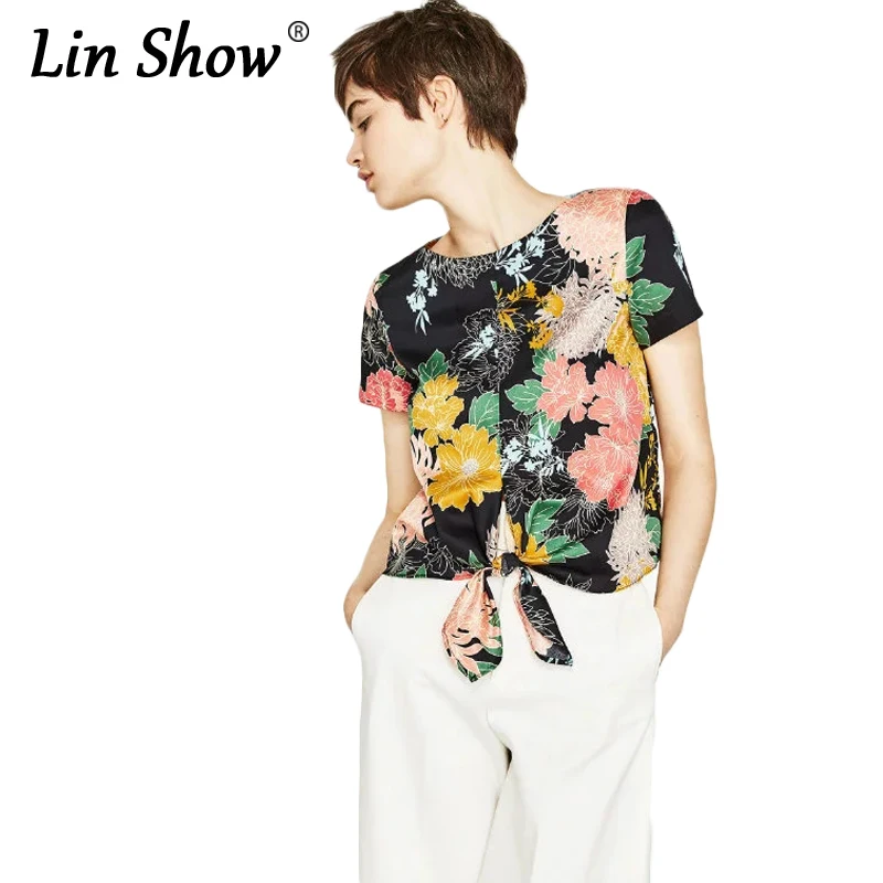 Linshow цветочный с цветочным принтом Футболка Для женщин короткий рукав