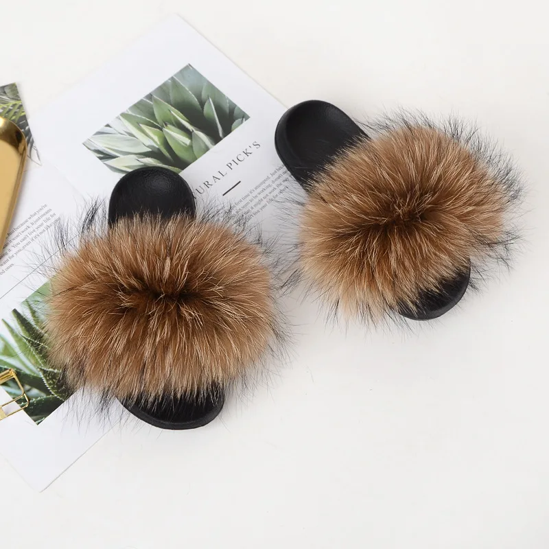 FURFEER Women Fur Slippers Real Fox Slides Home Furry Flat Sandals Female Cute Fluffy House Shoes Woman Brand Luxury | Обувь