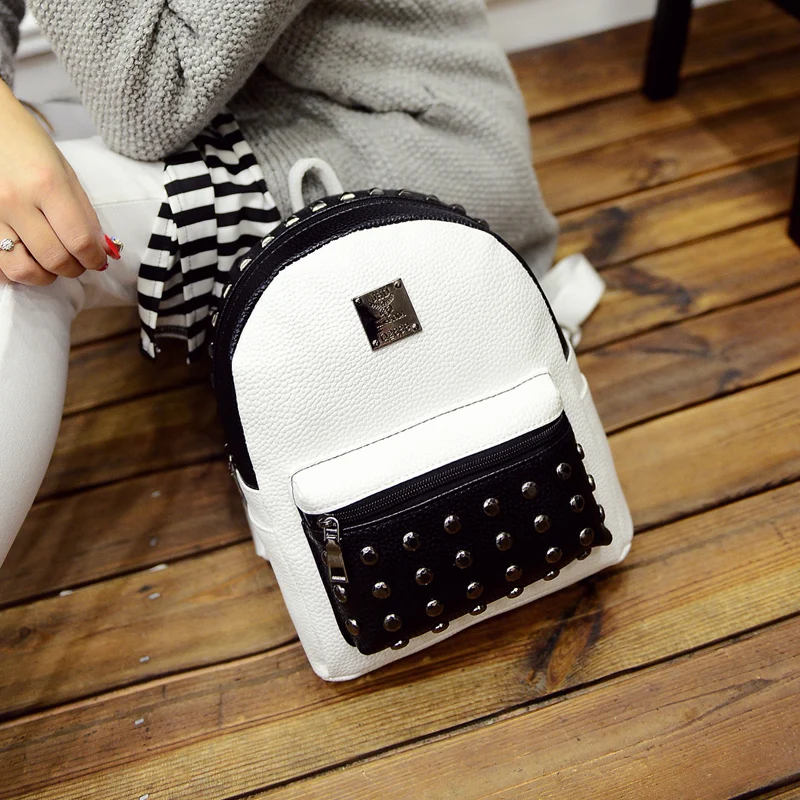 Новинка 2017 г. дизайнерские черные белая кожа заклепки рюкзак школьные сумки для