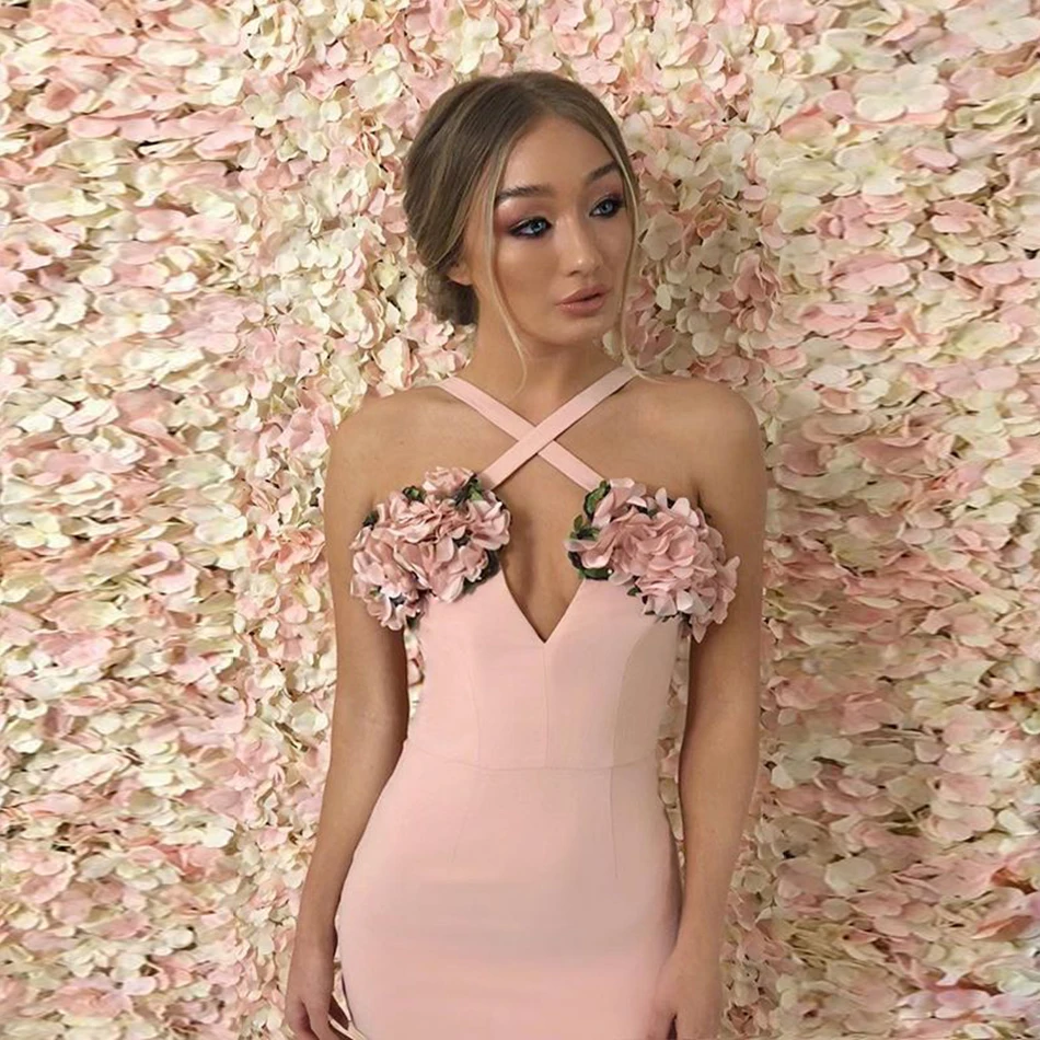 Amily. c, новое летнее женское Бандажное платье, Vestido, вечерние платья знаменитостей, бодикон, розовое цветочное Плиссированное лоскутное платье на тонких бретельках