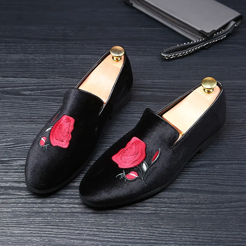 JNNGRIOR 2018 Fashion Mens Velvet Embroidery Red Shoes Loafers Pointed Toe Slip on Flat Leather Casual Driving Moccasins | Обувь