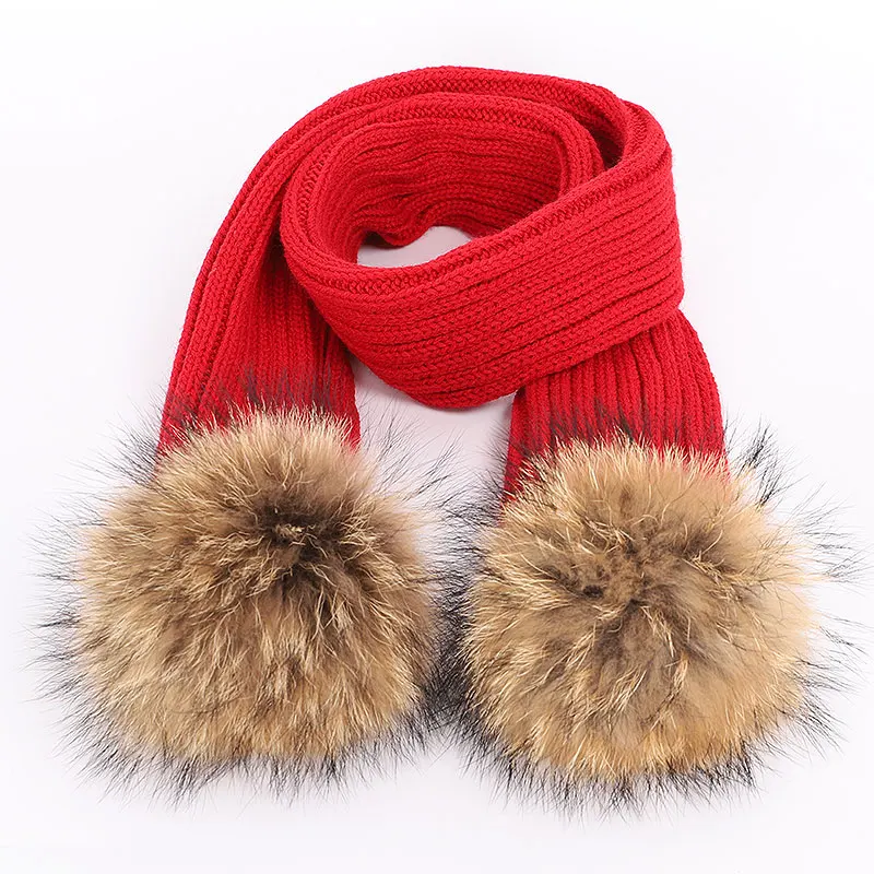 Red Комплект из 2 предметов, детский вязаный шарф и шапка, зимний теплый вязанный головной убор и шарфы с настоящим мехом, шапка с помпоном для мальчиков и девочек - Цвет: Red
