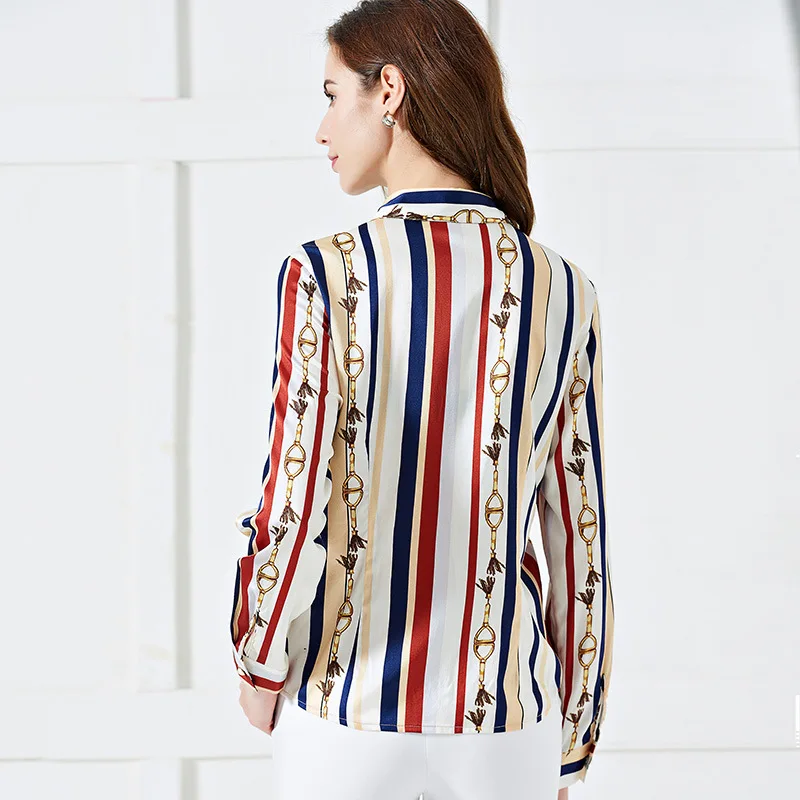 100% Mulberry Silk Shirt/Satin Blouses/Shirt Woman Long Sleeve/Slim Stripe Summer Ladies Tops/Personalized Printed Women's Shirt |
