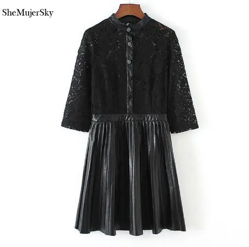 black dress SheMujerSky/черное Повседневное платье с вырезами и кружевами; кожаное платье; Элегантные Осенние мини-платья; облегающее платье - Цвет: black dress