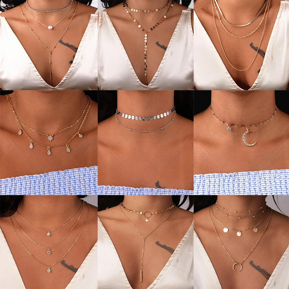 

Bls-miracle Vintage Multilayer Pendant Necklace Women Gold Color Beads Moon Star Horn Crescent Choker Necklaces Jewelry New 2019