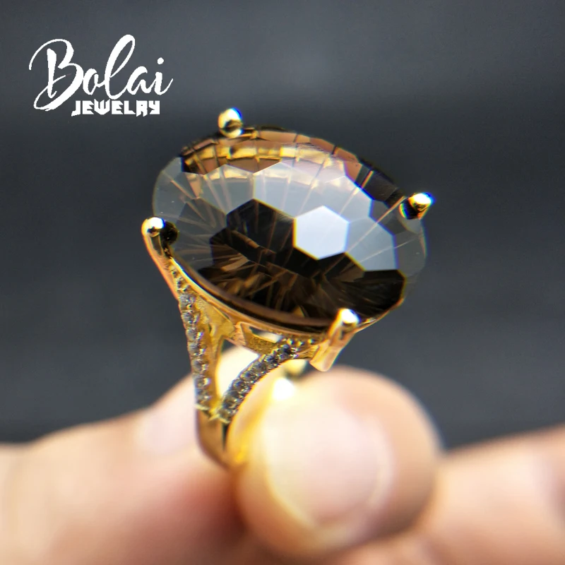 Bolaijewelry, натуральный oval13* 18 мм футбольный огранка дымчатый кварц драгоценный камень кольцо 925 стерлингового серебра ювелирные украшения хороший подарок для женщин