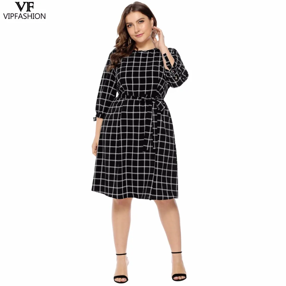 VIP FASHION 2019 Good Sale Plus Size Sexy Plaid Women's Dress Long Sleeve Knee-Length Ladies Summer Casual | Женская одежда