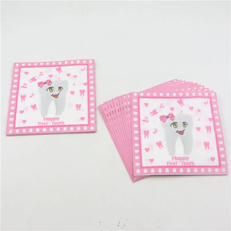 Розовый счастливый Первый зуб напечатаны Бумага салфетка для видов партии
