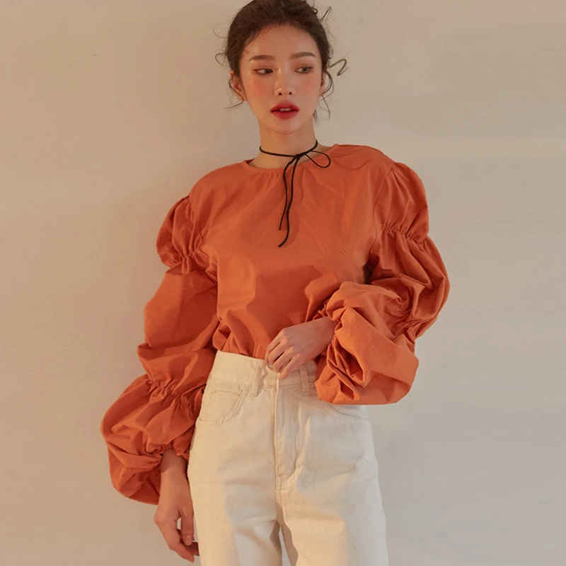 WHITNEY WANG 2019 Весенняя модная уличная блузка в Корейском стиле с пышными рукавами