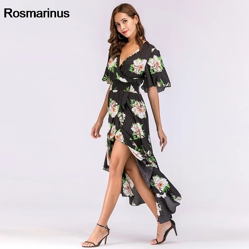 Floral Bohemian Long Dress 2018 Women Summer Deep V Neck Short Sleeve High Low Sexy Irregular Ruffles Beach Tunic Sundress | Женская
