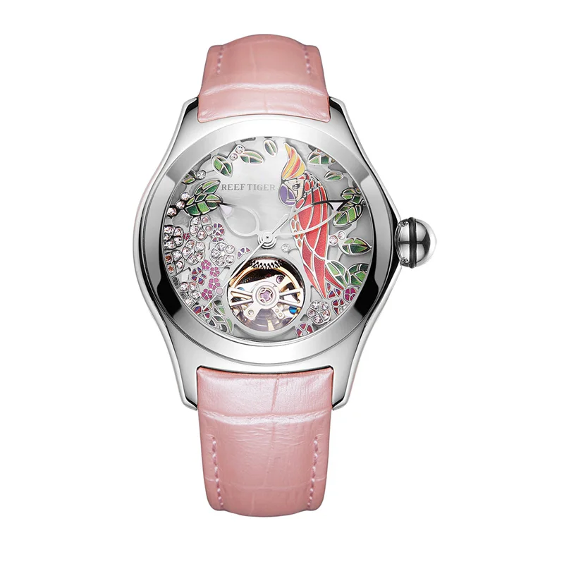 Reef Tiger Top Brand Luxury Women Watches Pink Dial Leather Strap Mechanical Watch Rose Gold Fashion Watch reloj mujer RGA7105 - Цвет: RGA7105-YSP