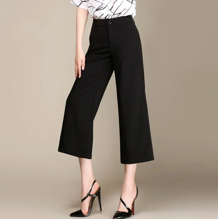Брюки женские с широкими штанинами эластичные Капри высокой талией офисные