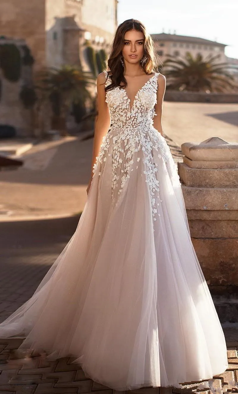 LORIE 2019 elegante cuello en V playa vestidos de novia sin respaddo 3D apliques florales encaje tul ve|Свадебные платья| |