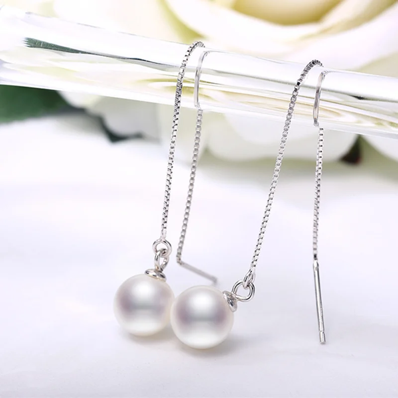R Luxury fashion Earrings for women S925 Sterling Silver Ear line 9-10mm natural Perfect round Pearl drop Free shipping | Украшения и