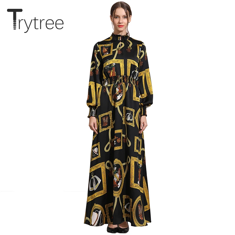 Trytree осеннее платье элегантное винтажное шелковистое женское с принтом рукав
