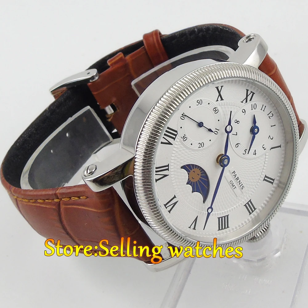 42 мм Мужские наручные часы Parnis с белым циферблатом Moon Phase GMT