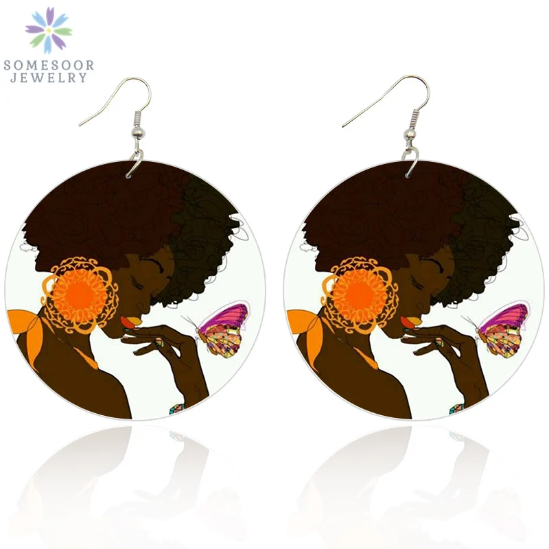 

SOMESOOR Printed AFRO Butterfly Beauty Wooden Drop Earrings Black Natural Hair Photos African Wood Jewelry For Women Gifts