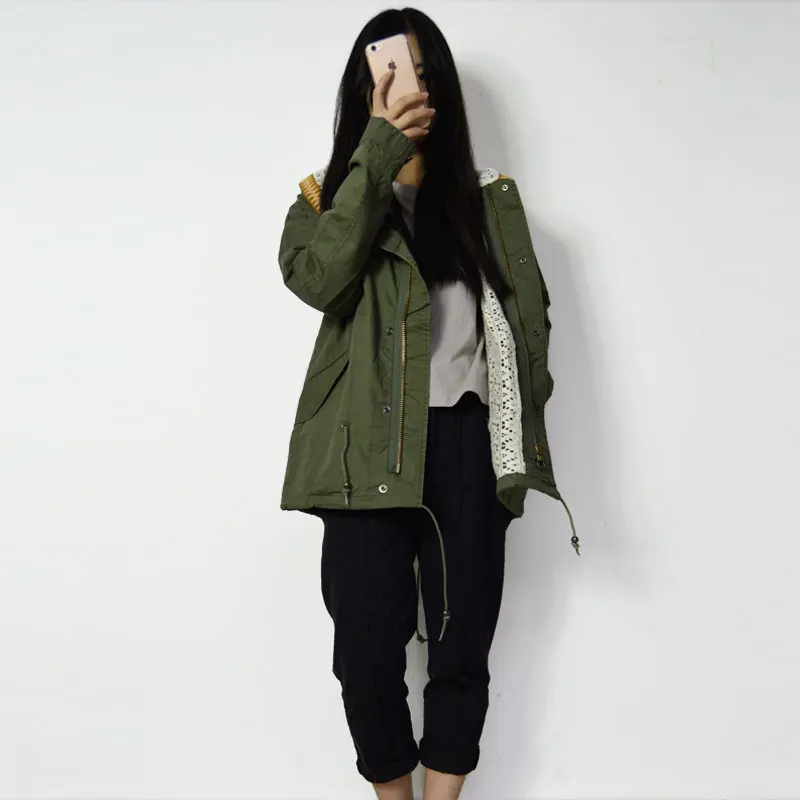 

Spring and Autumn woman Army Green Windcoat Hat hooded basic jackets
