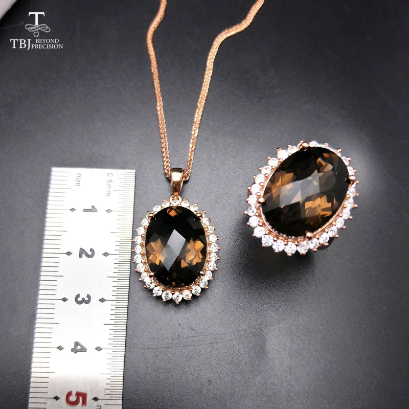 Tbj диана вечерние gemstonejewelry Комплект Кулон и кольцо с 22 ctnatural дымчатый кварц для