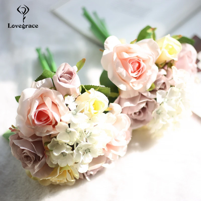 Фото Lovegrace искусственная шелковая Гортензия пион Ranunculus Posy Цветы Свадебный букет украшение для дома Свадебные аксессуары ручной работы №1