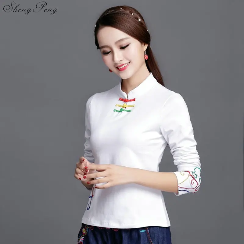 Cheongsam Топ Традиционный китайский костюм для женщин рубашка с длинными рукавами