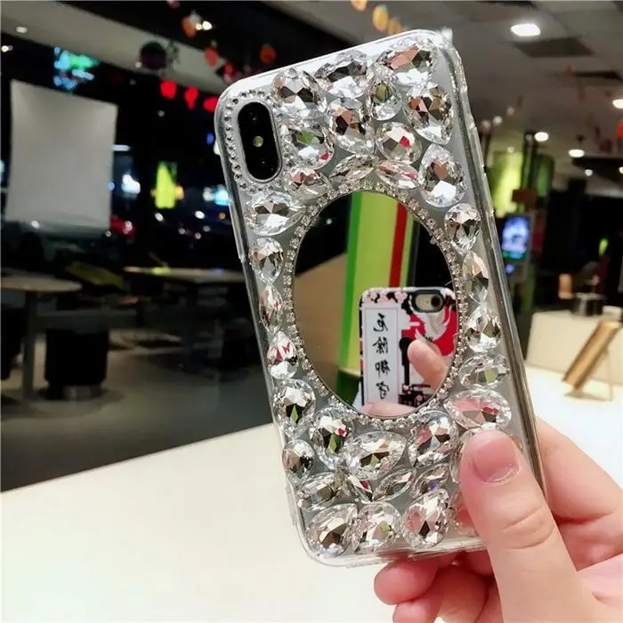 Креативные Rhinestone задняя крышка-чехол для телефона с зеркалом для макияжа для серебро iPhone легко надевается и снимается