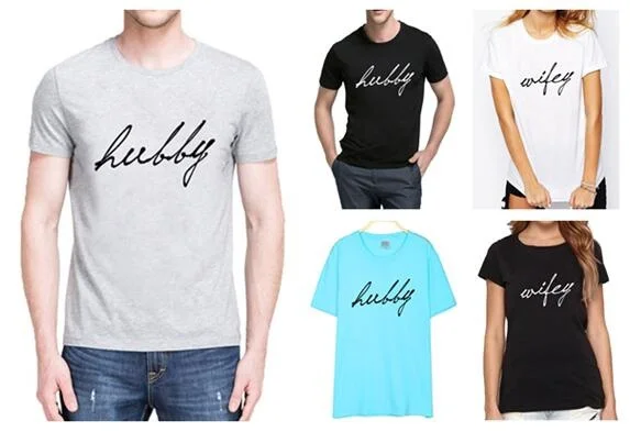 

Hubby Wifey Letter Print Funny T-shirt Black White Gray Green Blue Pink Yellow Purple Sky Blue Red Casual T-Shirt Slim Tops