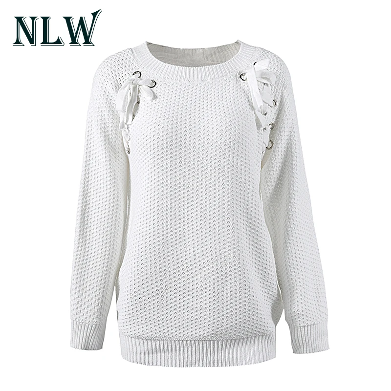 NLW Fashion Lace Up Women White Sweater Autumn Winter Warm Pullovers Knitted Sweaters 2017 O-Neck Casual Lady Long Sleeve Jumper | Женская