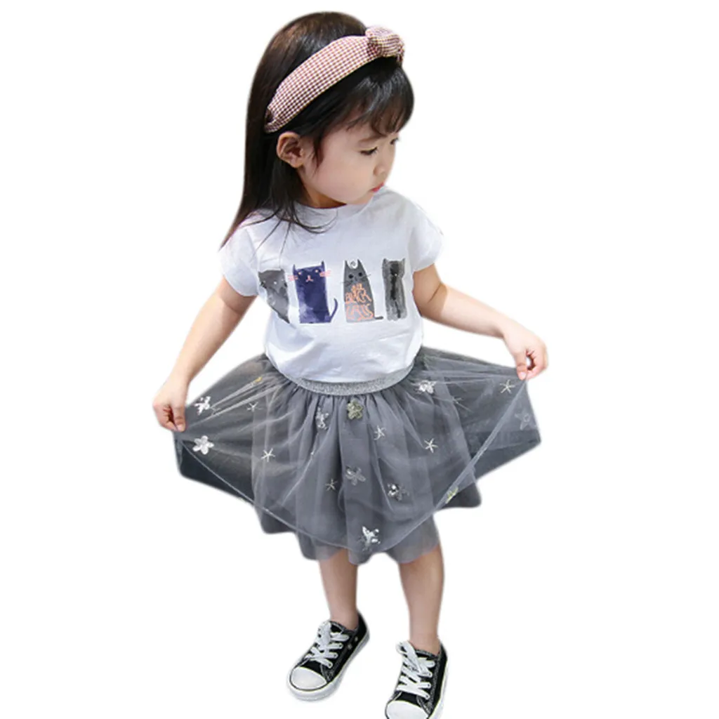 Toddler Baby Girls Cat Print T-Shirt Tops+Floral Star TuTu Tulle Skirts Outfits | Детская одежда и обувь