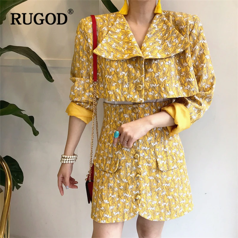 RUGOD/Новинка 2018 корейский костюм с юбкой цветочным принтом элегантный комплект из
