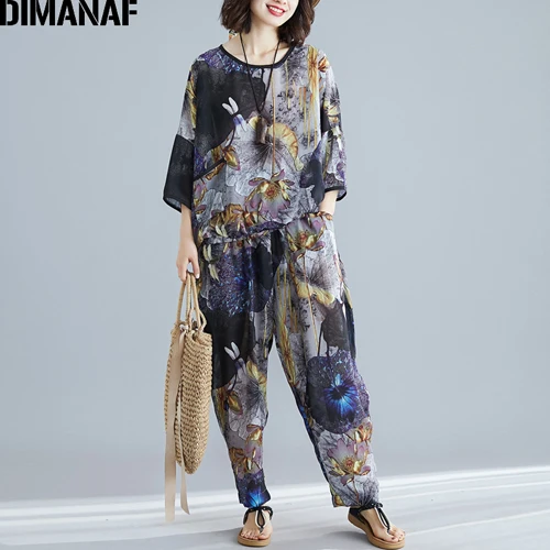 Dong99196CN-zang DIMANAF, комплекты для женщин размера плюс, летние, свободные, большие размеры, повседневные, для женщин, для девушек, топы, рубашка, рукав летучая мышь, длинные штаны, цветочный принт, набор, костюм - Цвет: Dong99196CN-zang