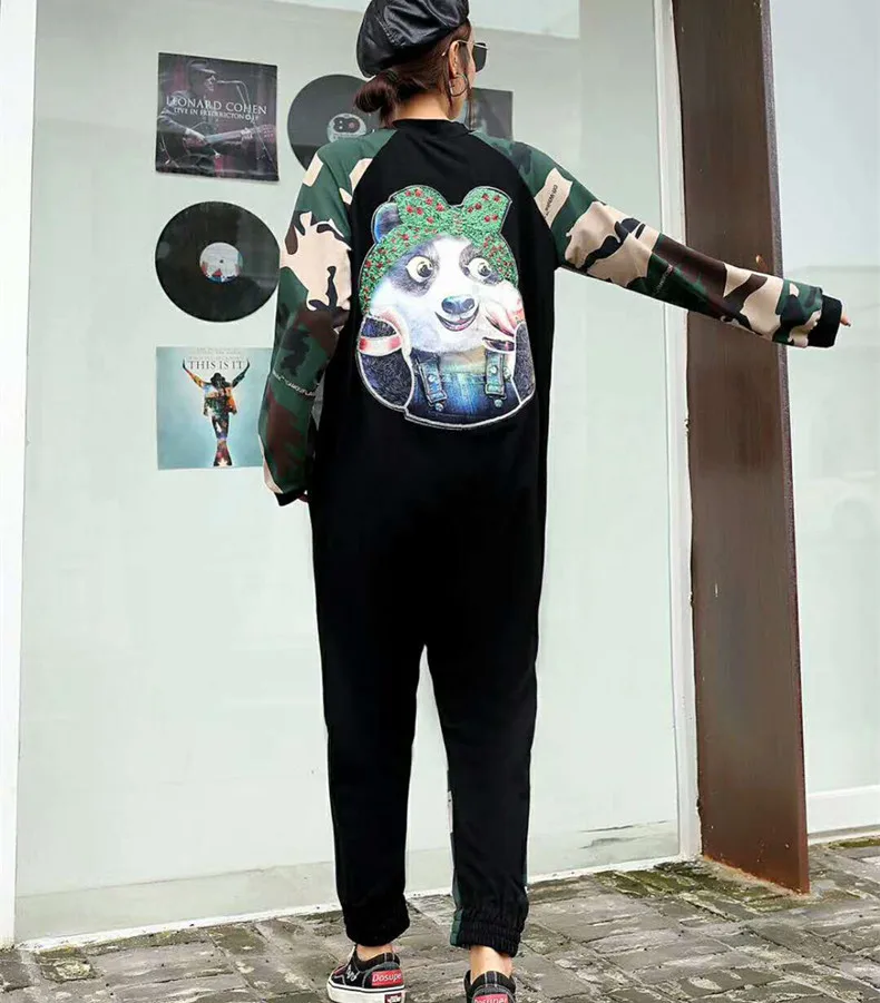 Tide brand women's 2019 autumn new hip hop wind cartoon beaded sequin stitching long sleeve large size jumpsuit trousers | Женская