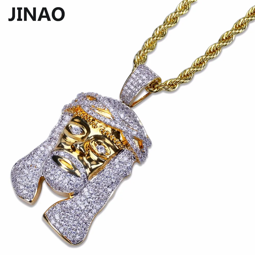 

JINAO HipHop Jewelry Necklace Gold Color Iced Out Copper Micro Pave CZ Stone Pharaoh Head Pendant Necklaces With 60" Rope Chain