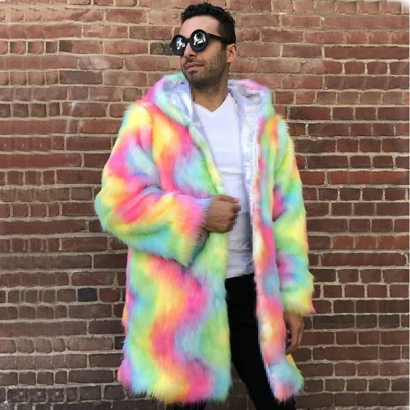 men fur coat Новая женская мужская Длинная толстовка с капюшоном Радужная шуба из искусственного лисьего меха зимняя высококачественная теплая разноцветная кожаная куртка ветровка - Цвет: men fur coat