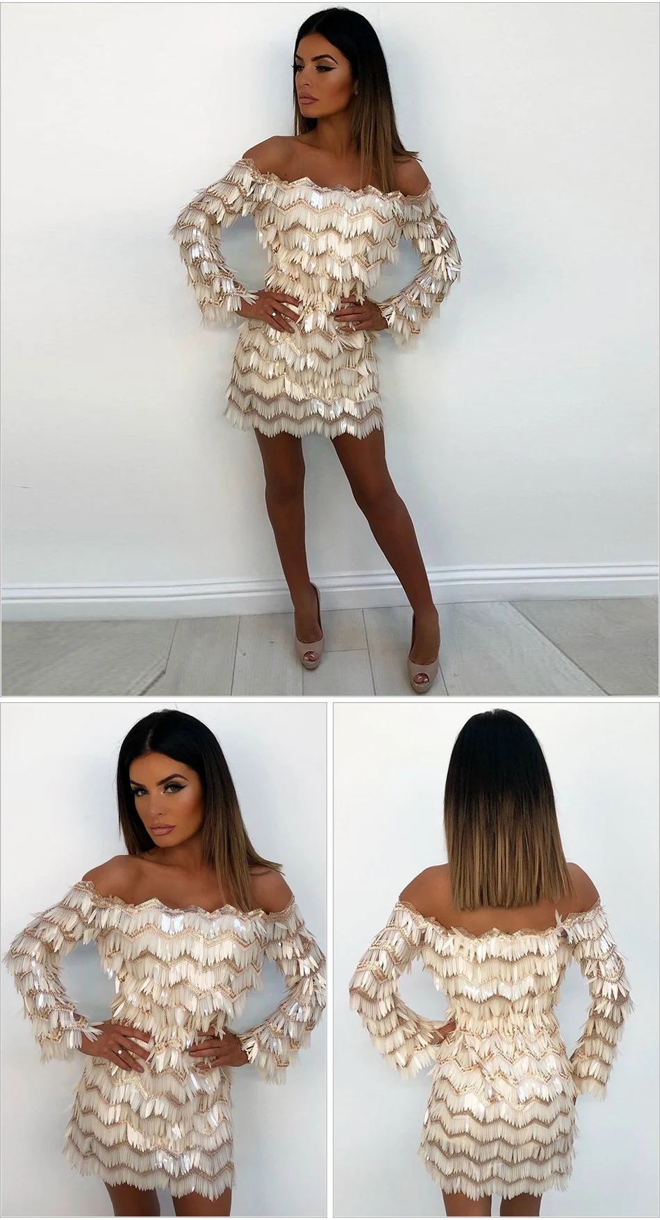 Женское платье в полоску с блестками и кисточками, Vestidos, с вырезом лодочкой, с открытыми плечами, с бахромой, с длинным рукавом, мини, облегающее, вечерние платья