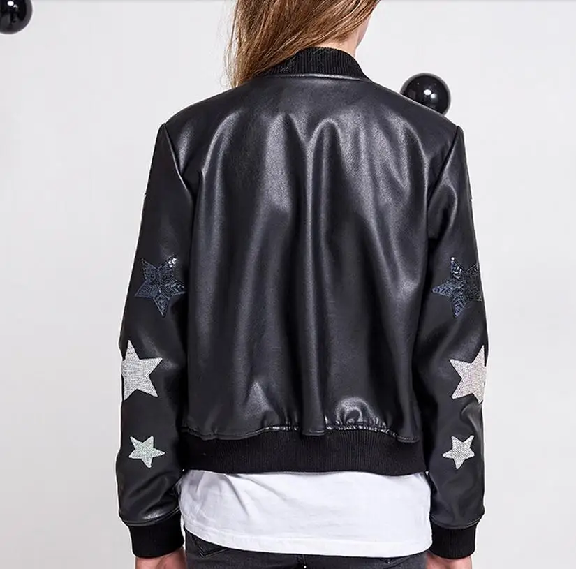 2017 Весна осень модный бренд хорошее качество пайетки звезда узор кожаная куртка