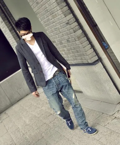 2015 Free Shipping Men Fashion Simple Lapel Worsted Coat Deep Grey Leisure Office Suit | Мужская одежда