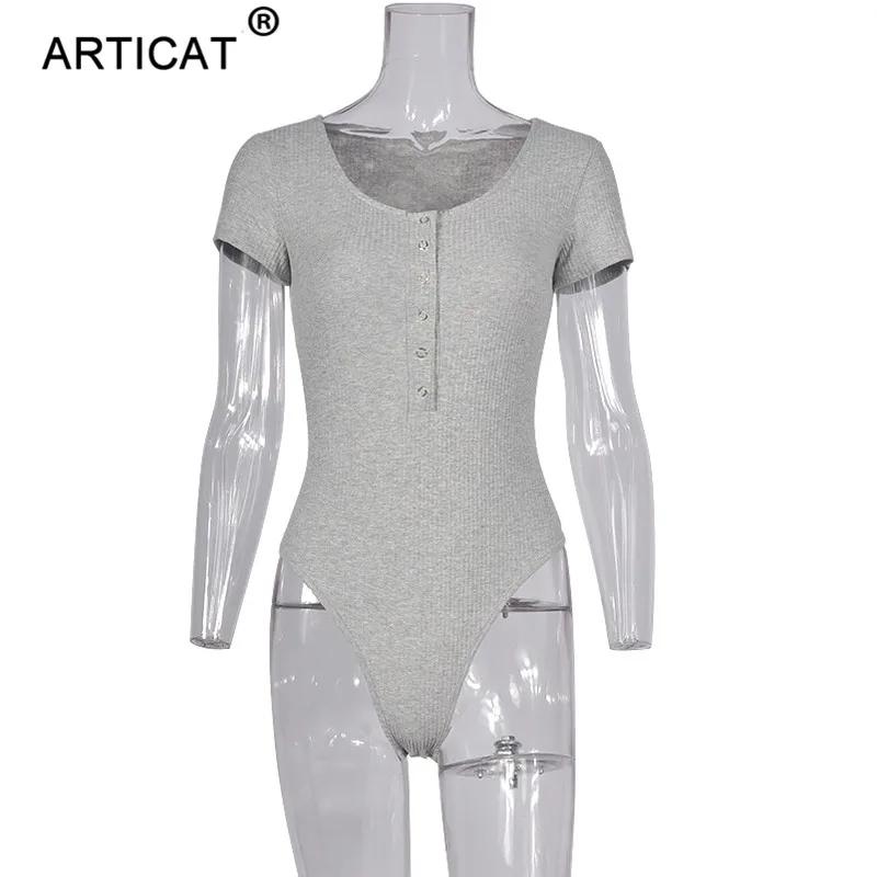 Grey Женское пикантное боди Articat, обтягивающее боди с коротким рукавом с глубоким v-образным вырезом и на пуговицах, на лето - Цвет: Grey