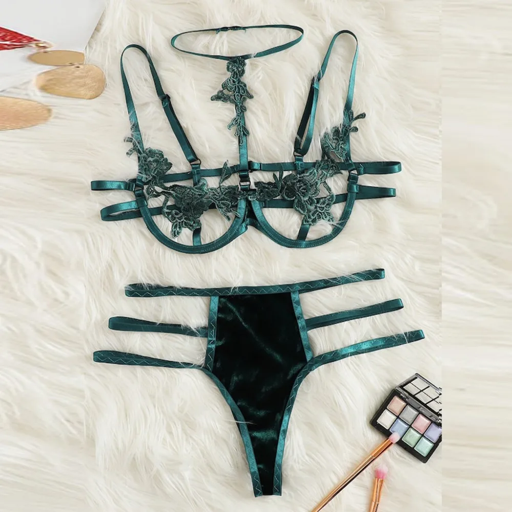 Женское зеленое сексуальное кружевное белье в цветочек комплект женского