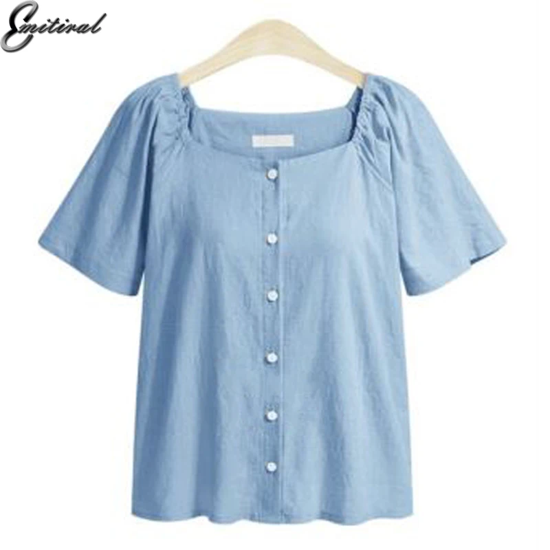 Emitiral 2018 Summer Women Blouses Short Sleeves Ladies Basic Tops Plus Size 4XL Casual Shirts Elegant Square Neck Blusas | Женская
