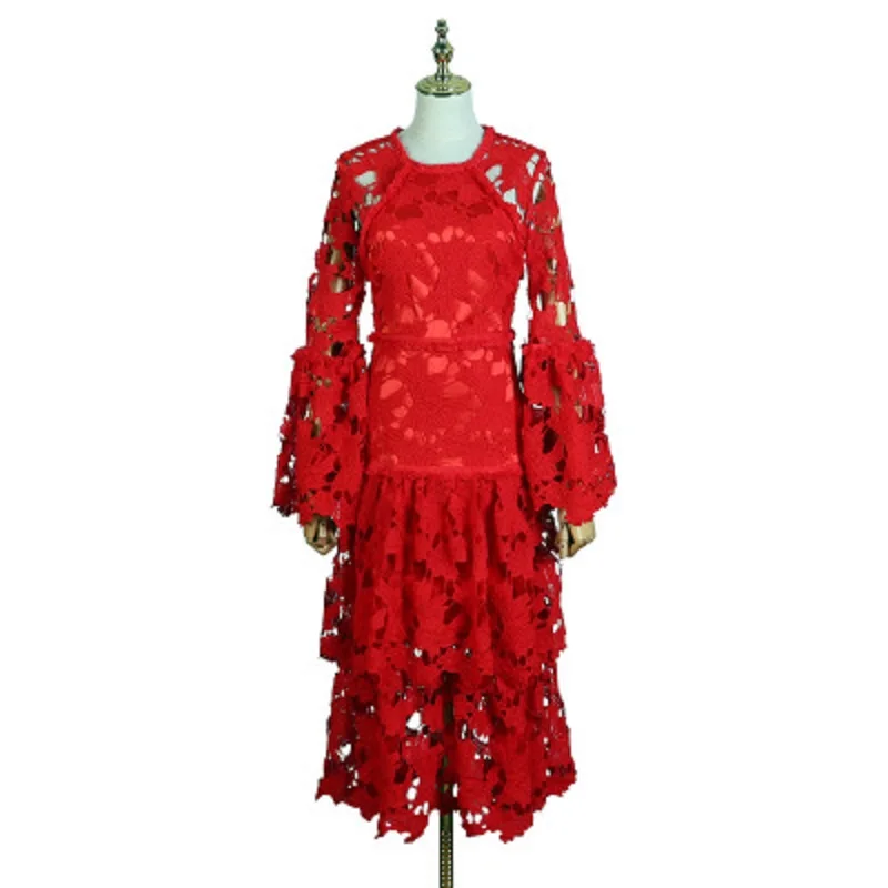 2019 Лето Boho Цветочные женские красные платье длины макси с кружевами Подиум