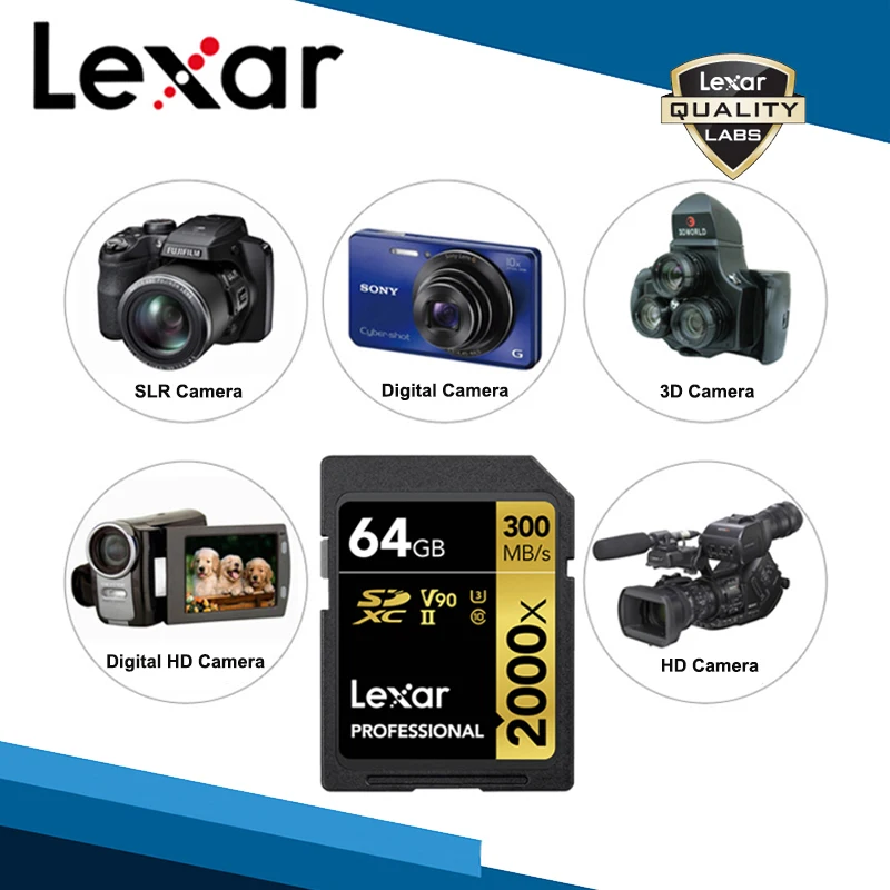 Lexar sd-карта+ кард-ридер+ чехол для карт 2000x SDXC карта памяти 32 Гб 64 Гб 128 ГБ высокоскоростная U3 C10 USH II V90 300MBS флеш SD карта