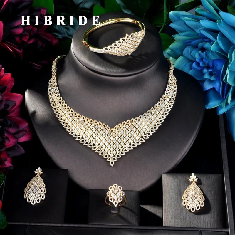 HIBRIDE, большой роскошный дизайн, золотой цвет, женский свадебный комплект ювелирных изделий из 4 предметов, платье, ожерелье, серьги, ювелирны...