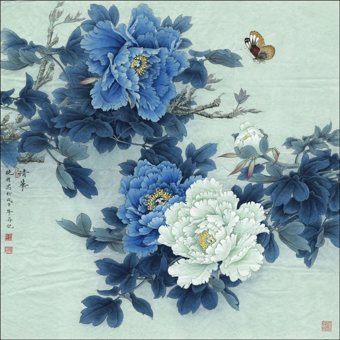 Chinese blue peony flowers butterfly landscape oil painting canvas printings printed on home wall art decoration picture | Дом и сад