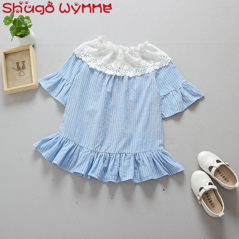 Summer Children's Short Sleeve Lace Collar Striped Print Girls Ruffles Pleated Tutu Dress vestidoss | Детская одежда и обувь