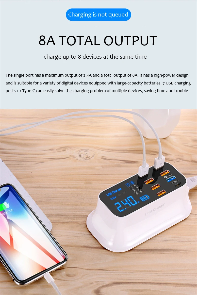 Quick Charge 3,0 Smart usb type-C зарядное светодио дный дисплей Быстрая зарядка Настольный Сетевой адаптер питания полосы Зарядное устройство семья зарядное устройство станции